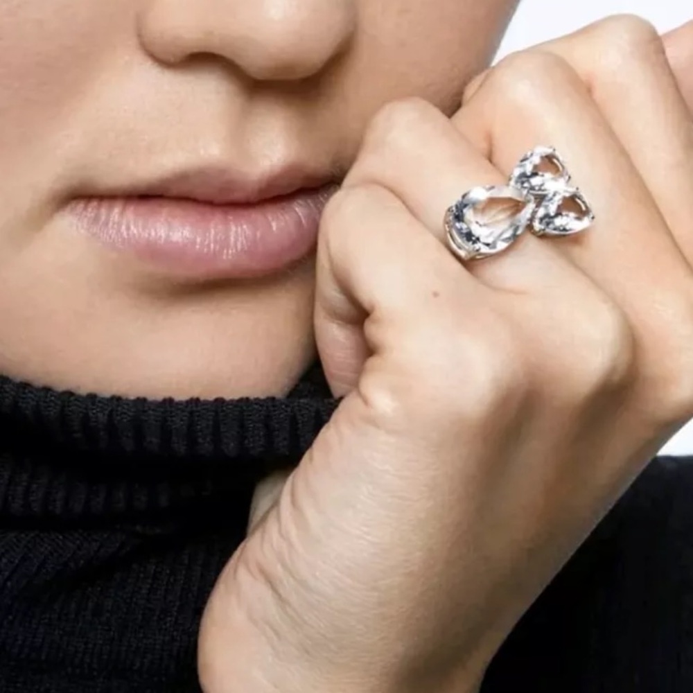 Signed Swarovski Silver Millenia Pear Ring, Clear Stones, 8/58, Authentic, New
